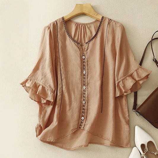 aria | embroidered ruffle sleeve blouse brown