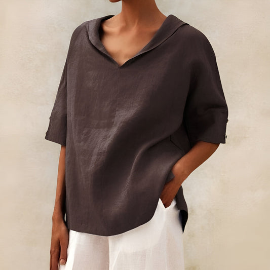 solstice | relaxed linen round neck blouse warm brown