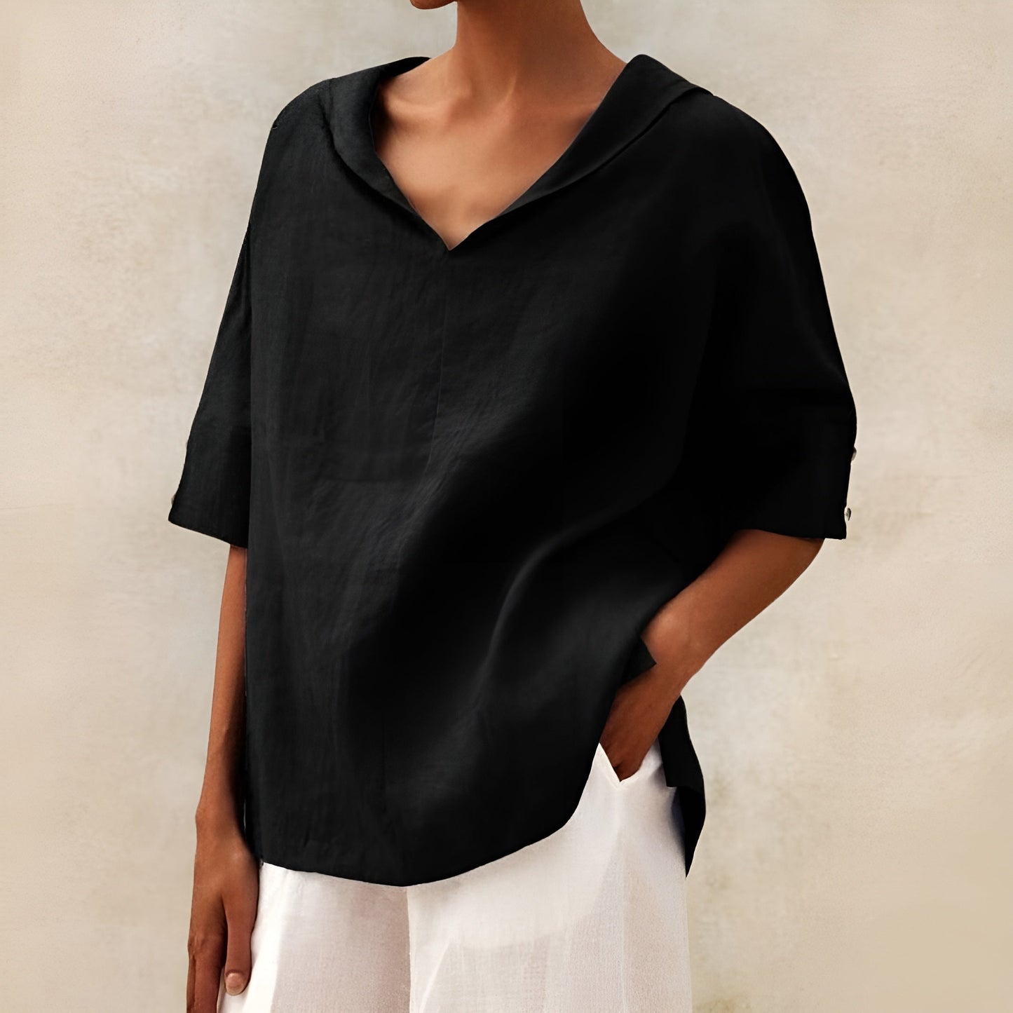 solstice | relaxed linen round neck blouse black