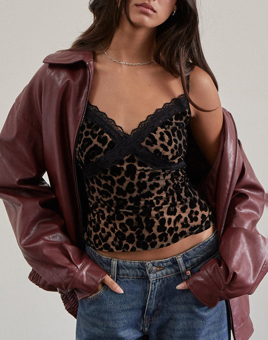 giorgine | leopard print mesh camisole with lace trim