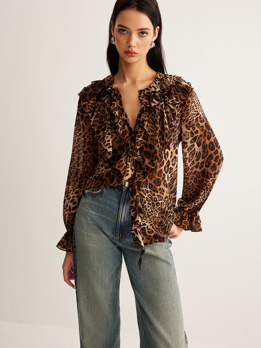 dakota | leopard ruffle neck blouse