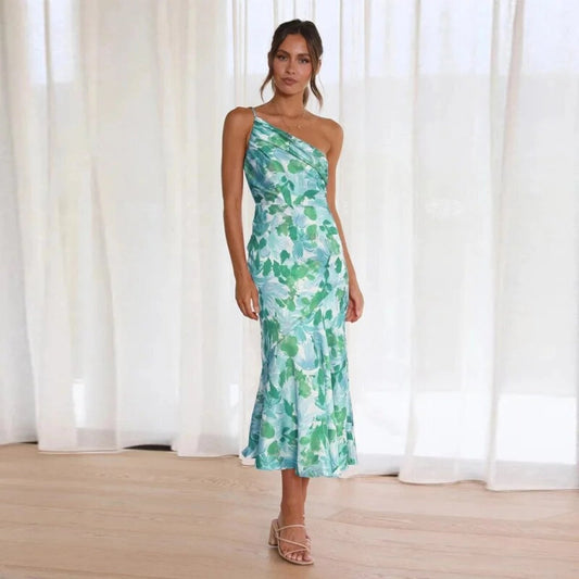 daisy | floral satin one-shoulder dress light green
