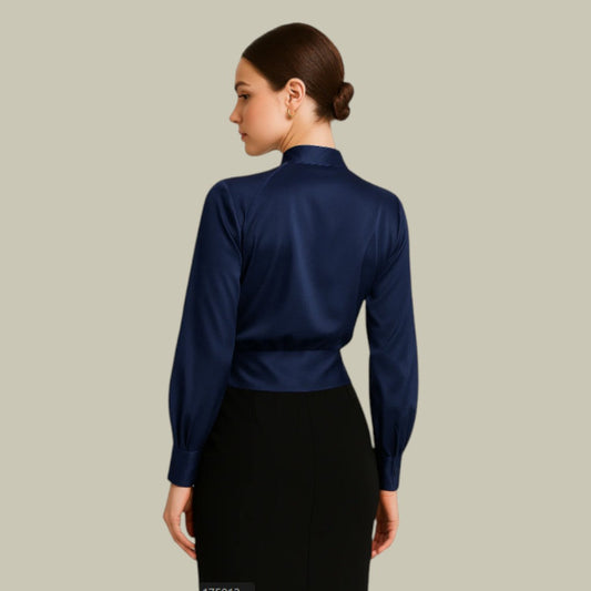 Ruby | Wrap Front Satin Blouse with Long Sleeves