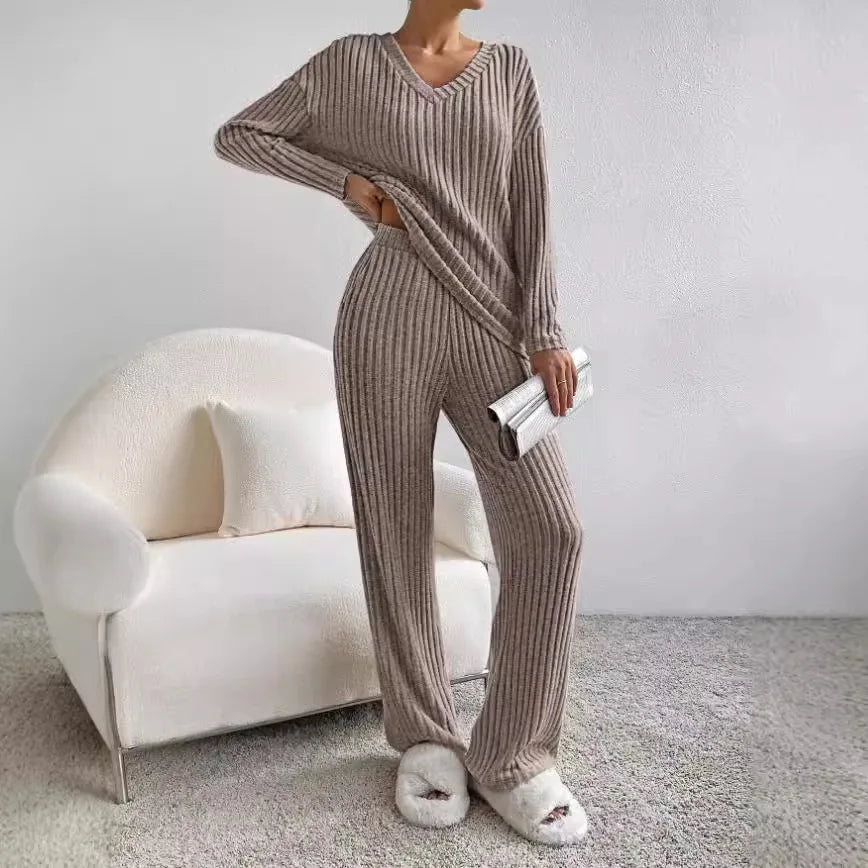 elodie | v-neck ribbed knit set light brown