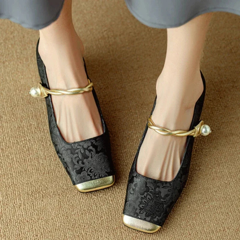 Women's Block Heels with Pearl-Twisted Strap and Square Toe