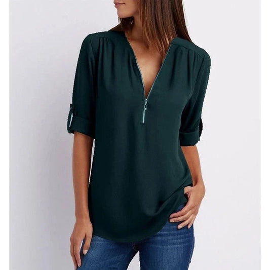 Women's Blouse with 3/4 Sleeves and Zipper Detail