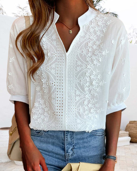 Women's Blouse with Embroidered V-Neck and Short Sleeves