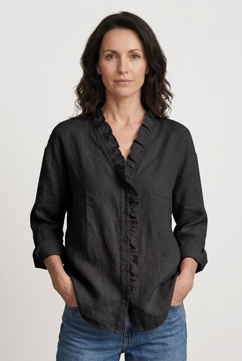 Women's Blouse with Ruffled V-Neck and Long Sleeves