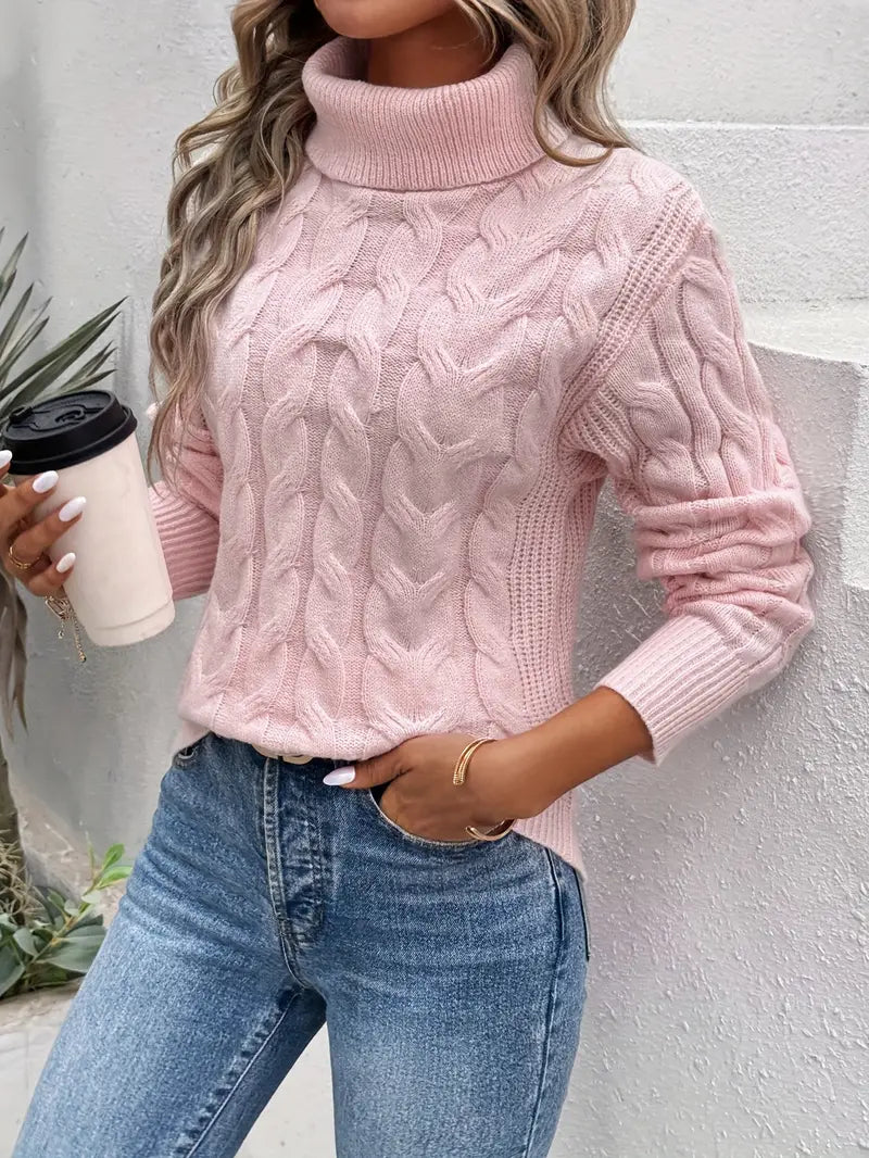 Women's Cable Knit Turtleneck Sweater with Ribbed Cuffs
