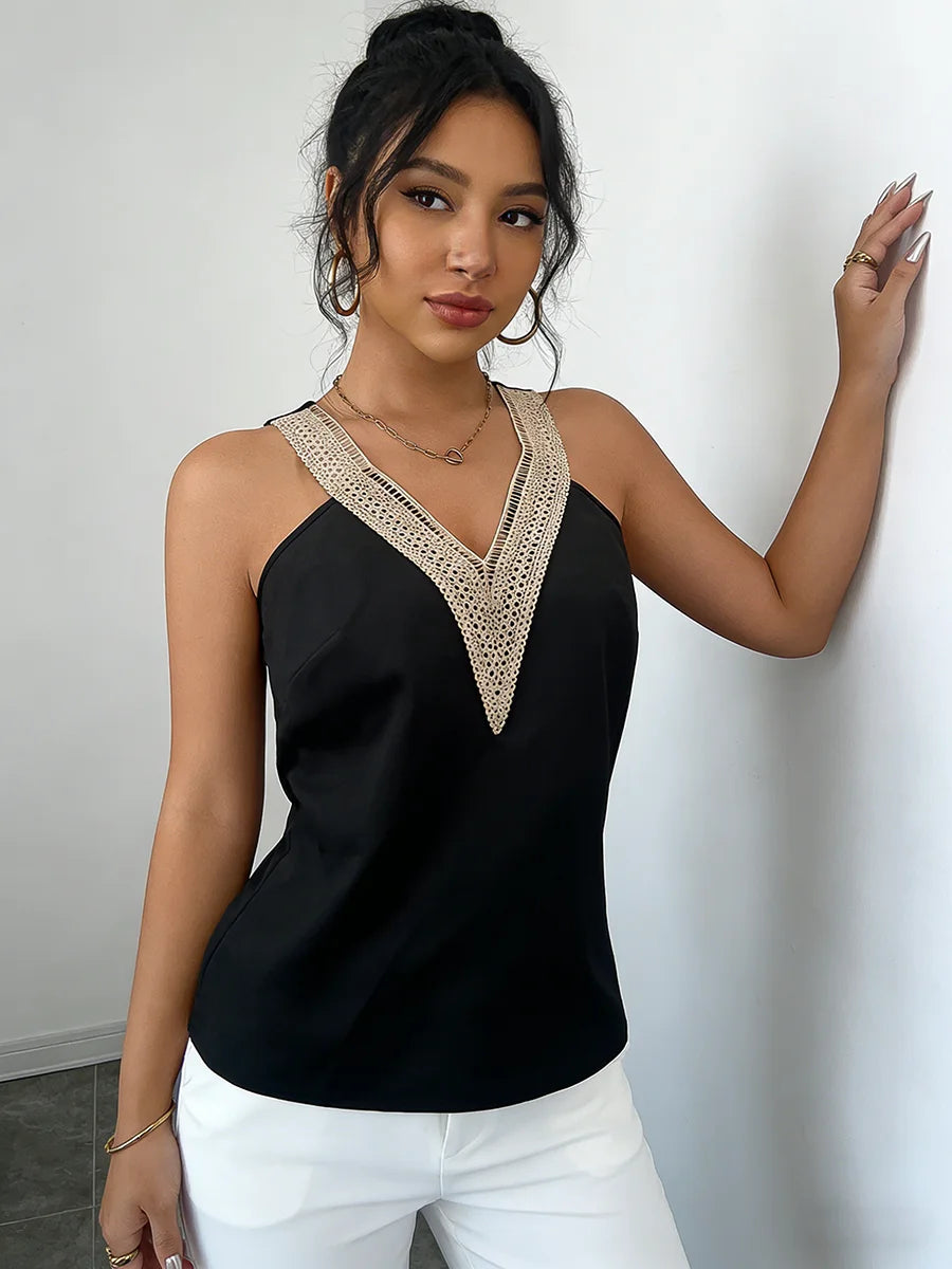 Women's Camisole Top with Lace Trim and V-Neck