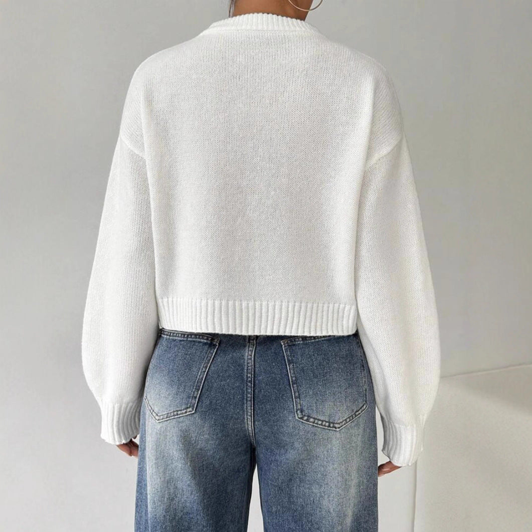 Women's Casual Fine Knit Sweater with Round Neck and Dropped Shoulders