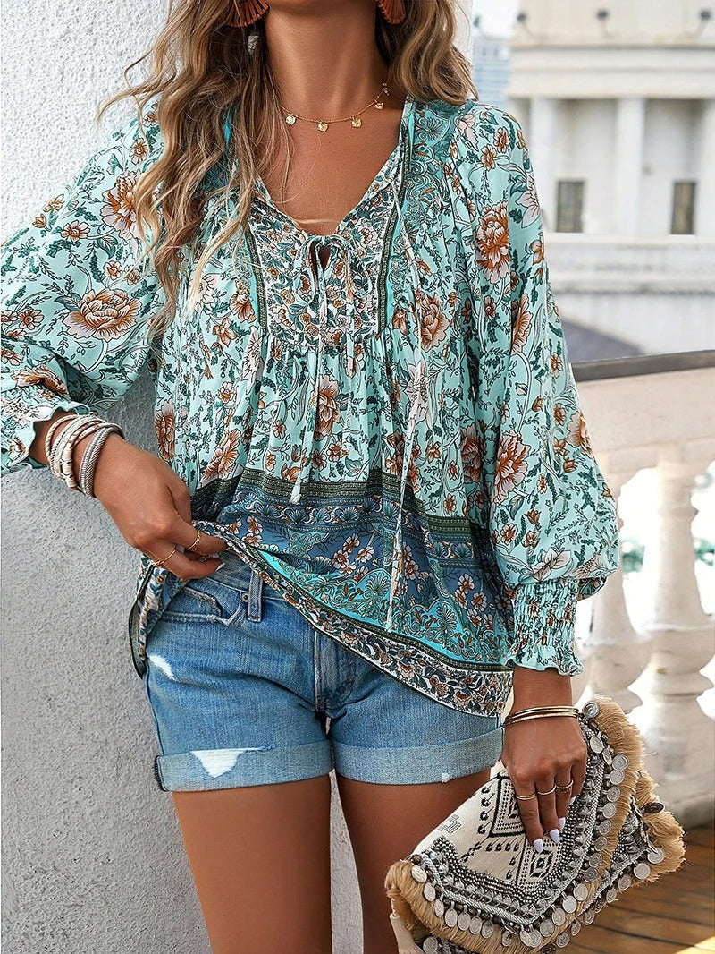 Women's Floral Blouse with Ruffle Cuffs and Elegant Style