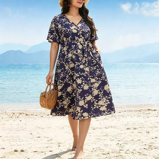 Women's Floral Maxi Dress with V-Neck and Belt