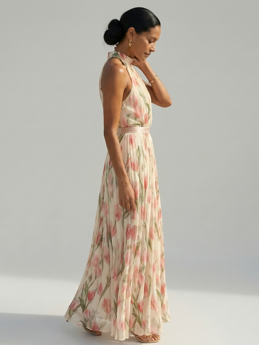 Women's Floral Midi Dress with Flattering Cut and Sleeveless Design