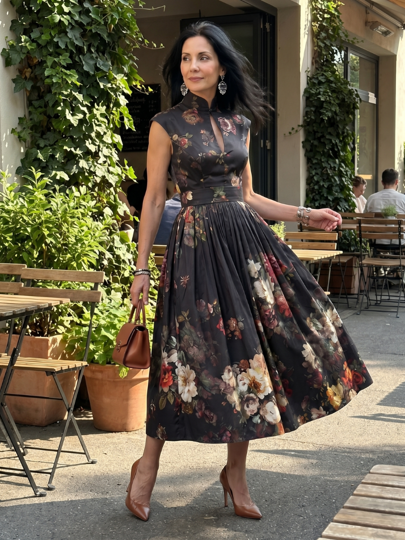 Women's Floral Midi Dress with High Neck and Pleated Skirt