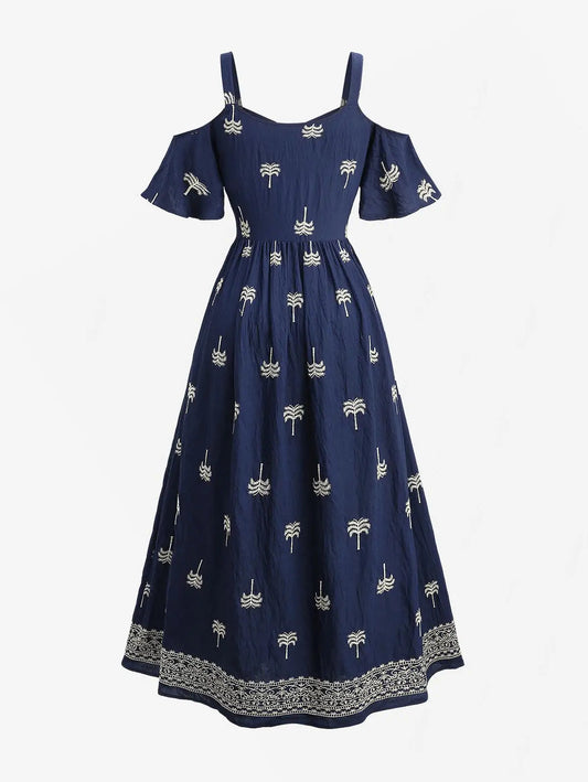 Women's Floral Midi Dress with Off-Shoulder Detail