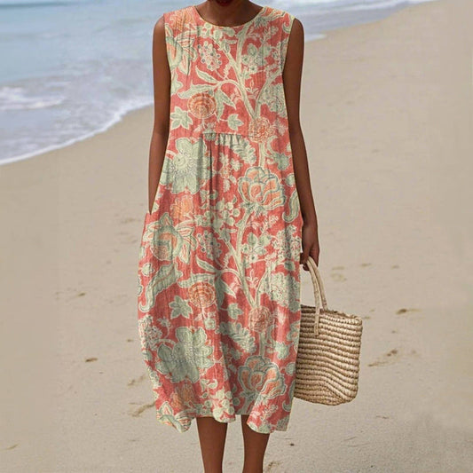 Women's Floral Midi Dress with Sleeveless Design