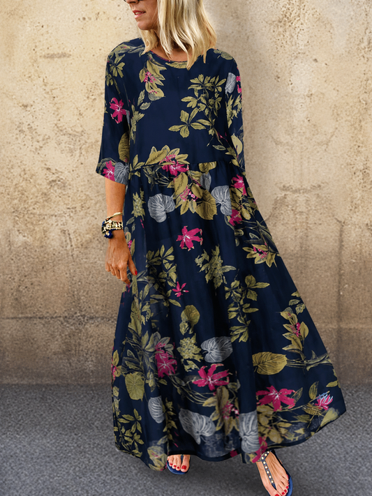 Women's Floral Print Summer Dress with Three-Quarter Sleeves