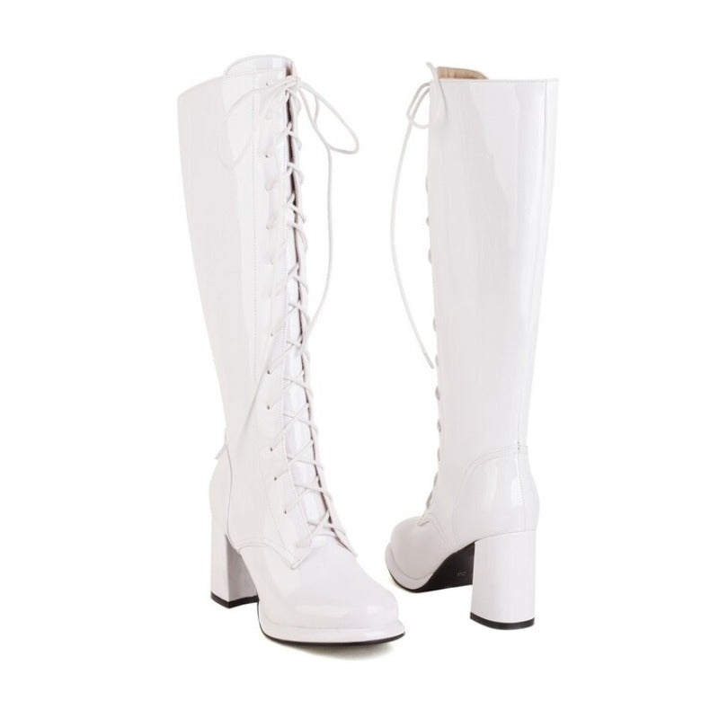 Women's Knee High Lace-Up Block Heel Boots with Plush Lining