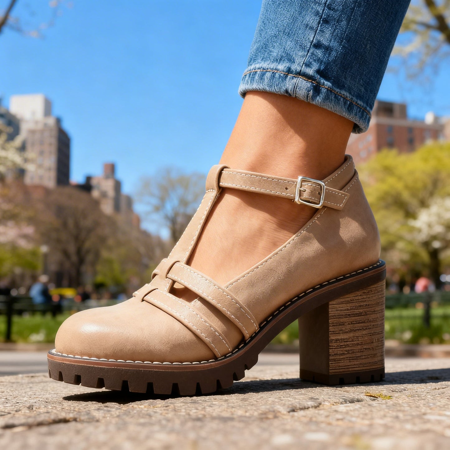 Women's Loafers with Adjustable Ankle Buckle and Block Heel