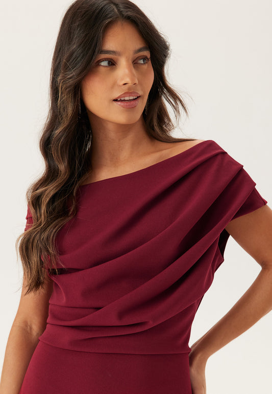 Women's Maxi Dress with Asymmetrical Neckline and Draped Front