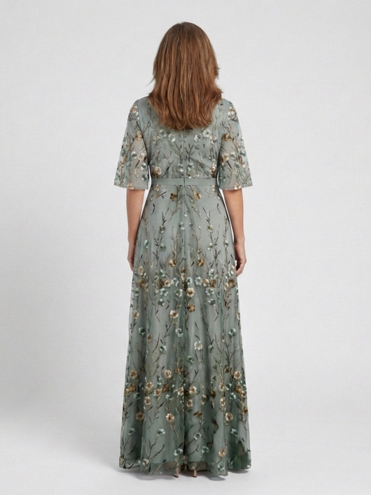 Women's Maxi Dress with V-Neckline and Sheer Sleeves