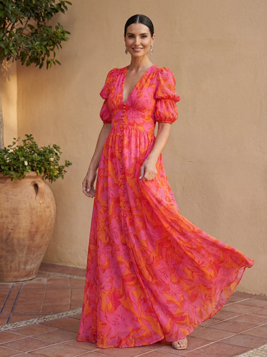Women's Maxi Dress with V-Neckline and Voluminous Sleeves
