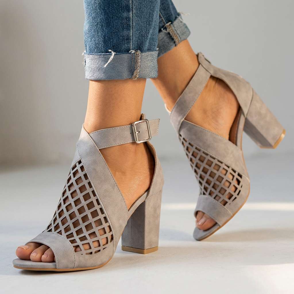 Women's Open Toe Heels with Lattice Pattern and Block Heel