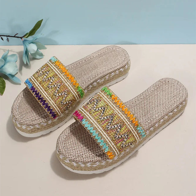 Women's Platform Slippers with Ethnic Style and Breathable Mesh