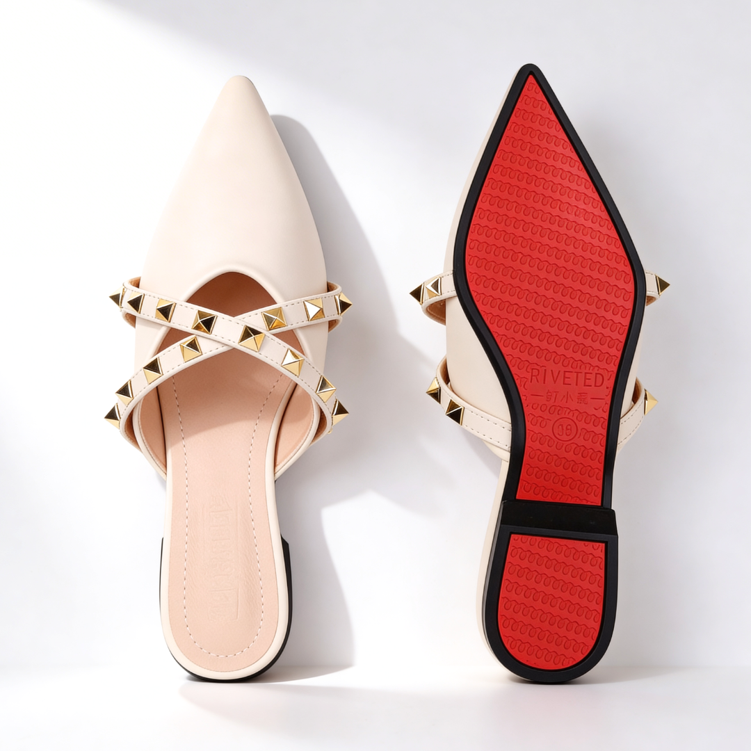 Women's Pointed Toe Mules with Gold Studded Crossover Straps