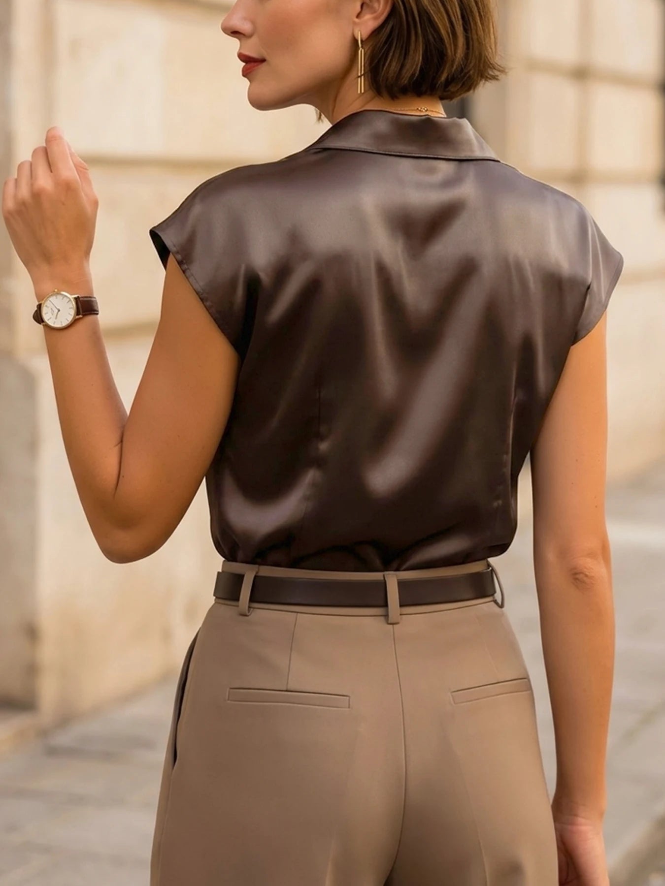 Women's Satin V-Neck Shirt with Short Sleeves