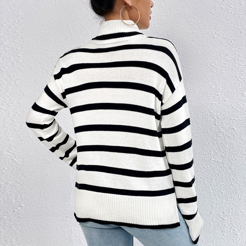 Women's Striped Sweater with High Collar and Loose Fit