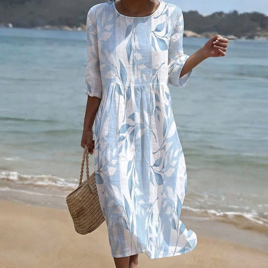 Women's Summer Dress with Leaf Pattern and Round Neck