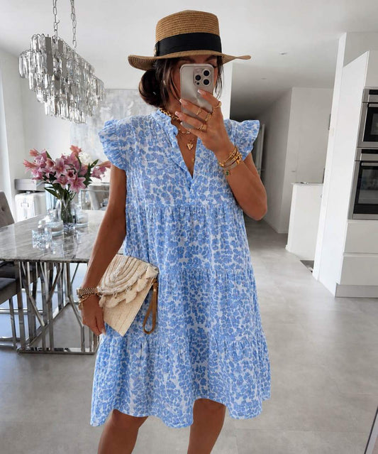 Women's Summer Dress with Ruffled Sleeves and Leopard Print
