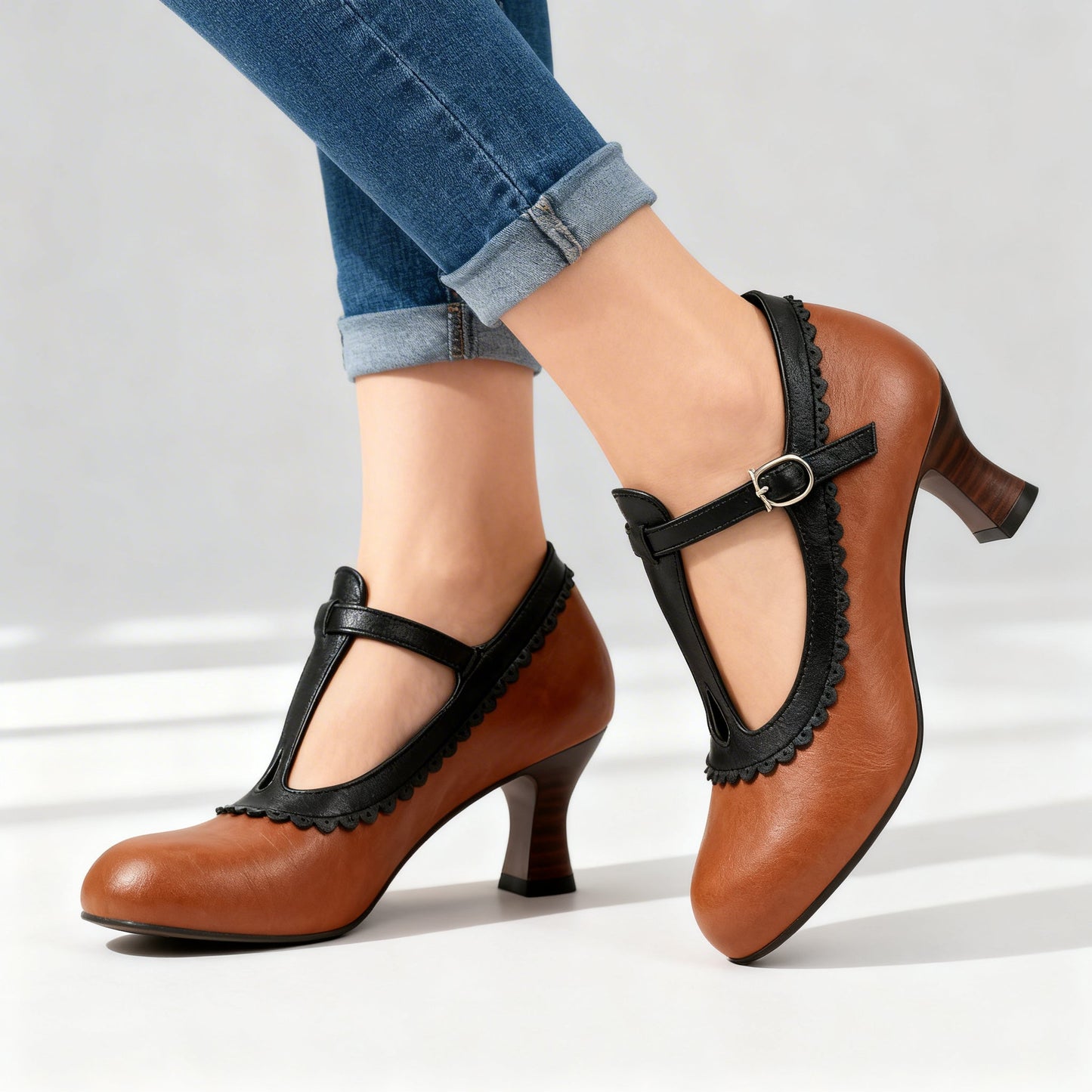 Women's T-Strap Loafers with Scalloped Detail