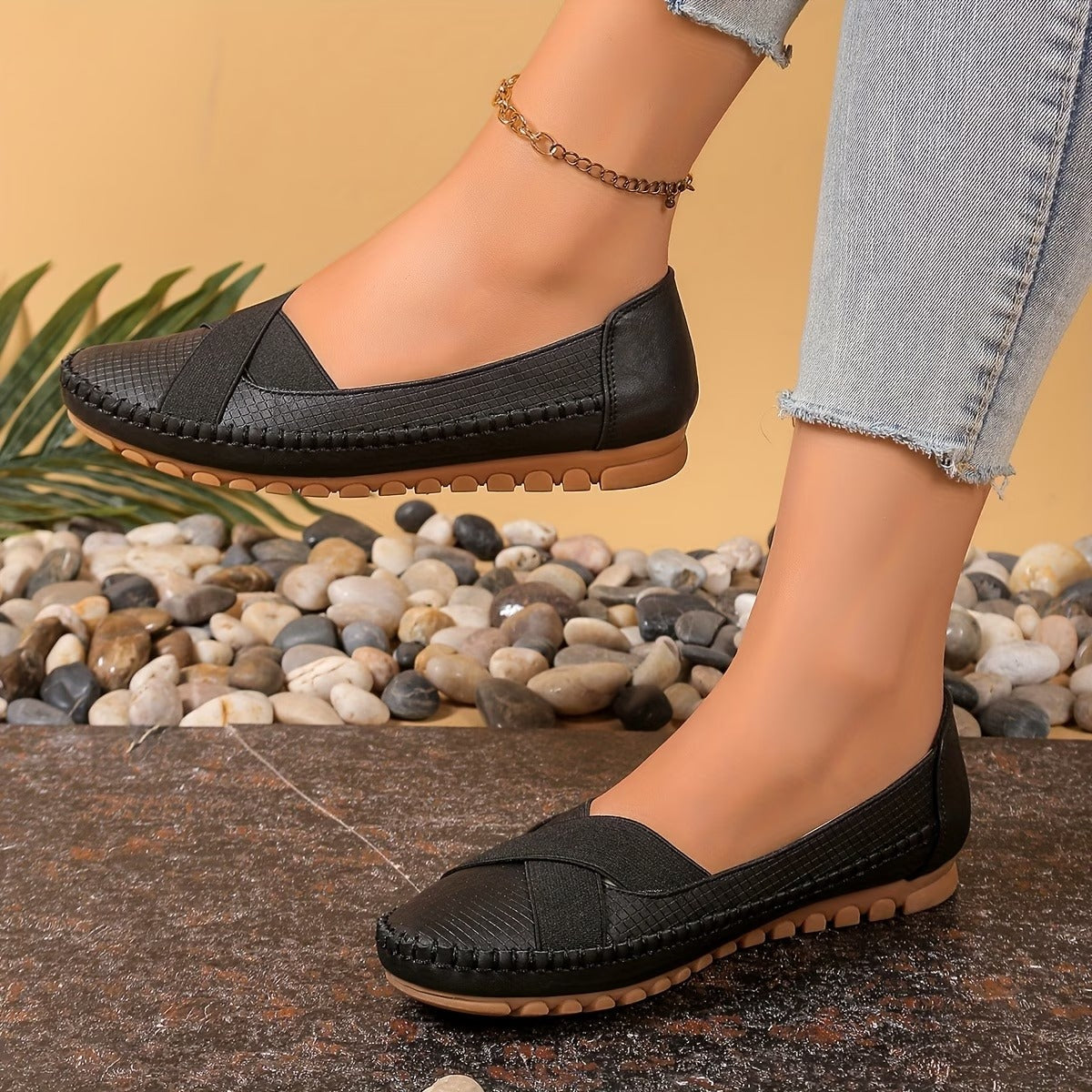 Women's Textured Ballet Flats with Cross-Strap Design