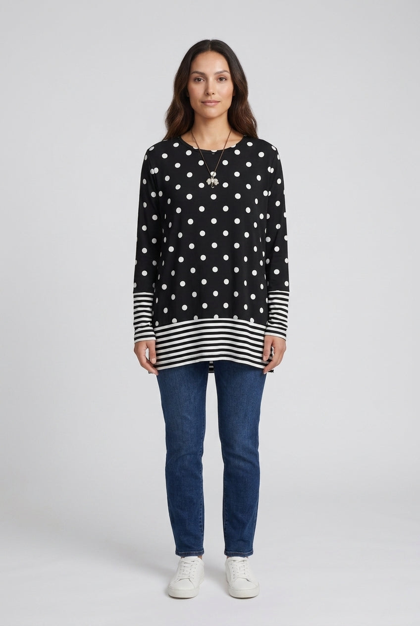 Women's Tunic Tops with Polka Dot Print and Striped Hem