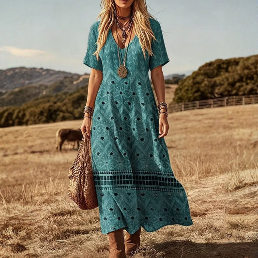 Women's Vintage V-Neck Midi Dress with Printed Design