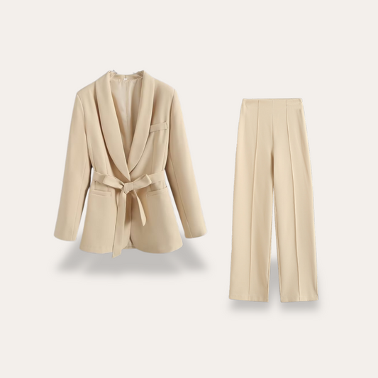 amelia | belted blazer and wide leg trouser set beige