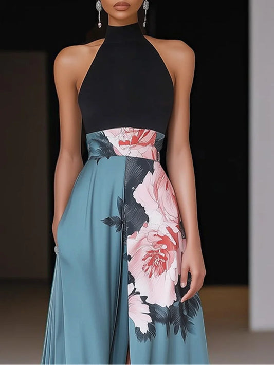 daisy | black floral a-line maxi dress with side slit
