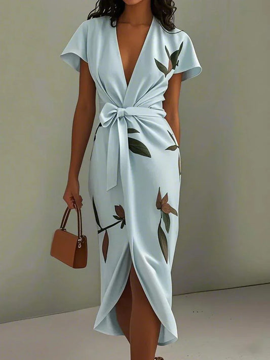 daisy | leaf print wrap dress light blue
