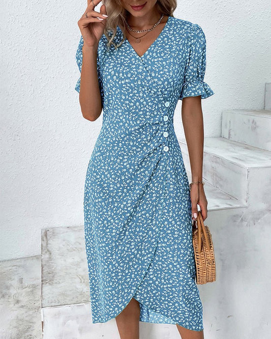 daisy | floral midi wrap dress with button detail blue