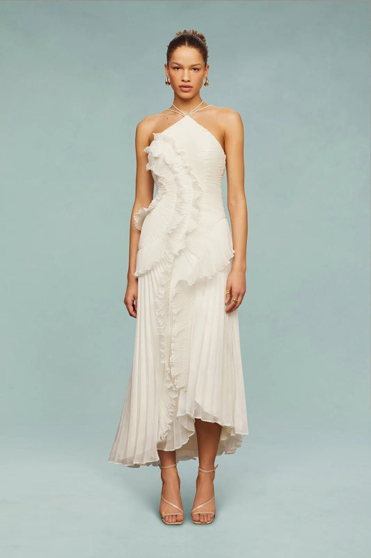 natasha | one-shoulder ruffle maxi dress white