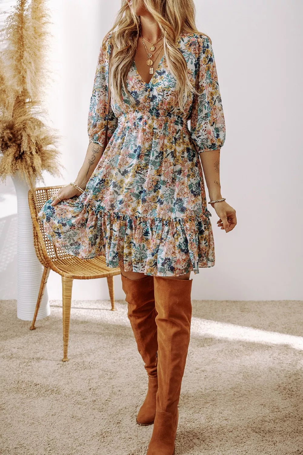 Penny | Floral Print Ruffle Hem Mini Dress