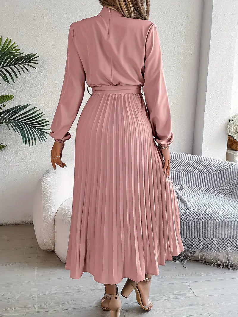 indira | long sleeve pleated belted midi dress