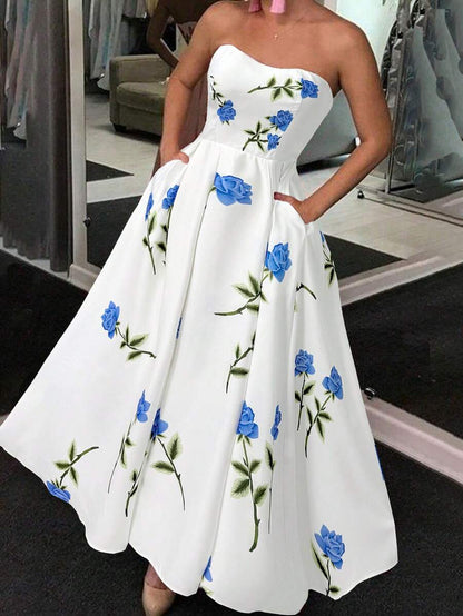 daisy | floral smocked strapless maxi dress blue and white