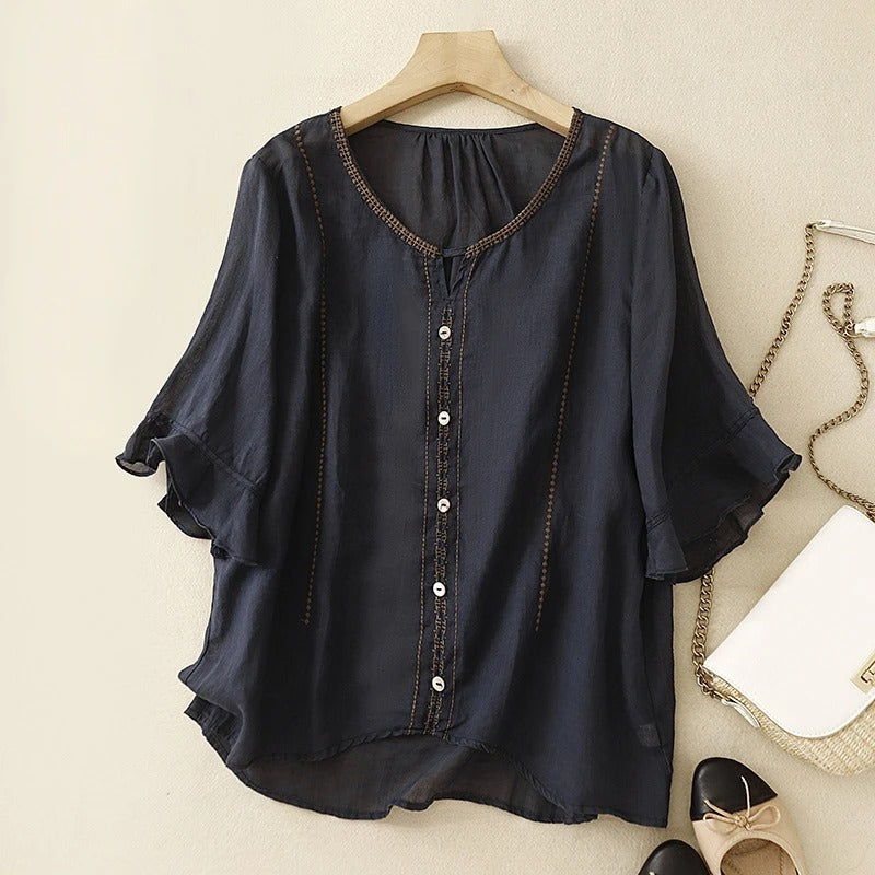 aria | embroidered ruffle sleeve blouse navy