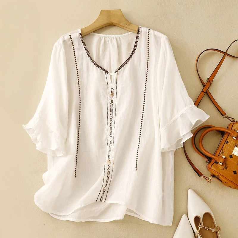 aria | embroidered ruffle sleeve blouse white