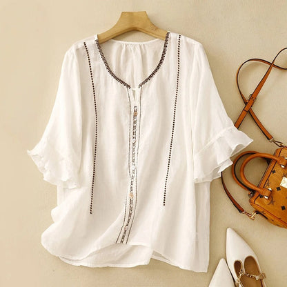 aria | embroidered ruffle sleeve blouse white