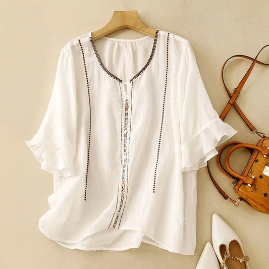 aria | embroidered ruffle sleeve blouse white